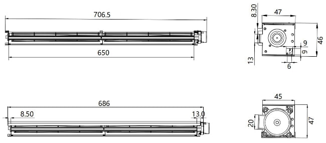 Размеры тангенциального вентилятора ES-EE03065R24-V1