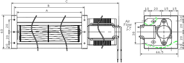 dimensions of cross-flow fan JE-043