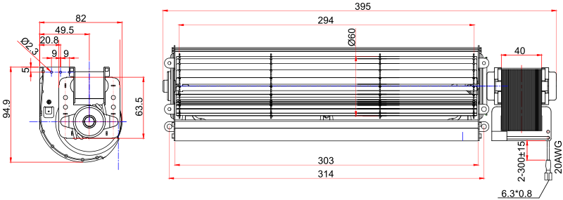 Размеры тангенциального вентилятора VD406-230A