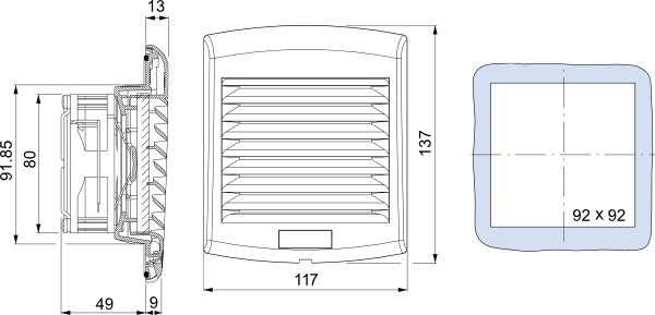 Основные размеры вентилятора с фильтром NSYCVF38M230PF