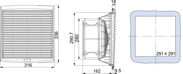 Основные размеры вентилятора с фильтром NSYCVF850M230PF