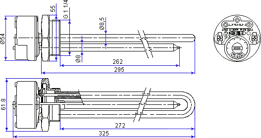Dimensions of the heating element with thermostat