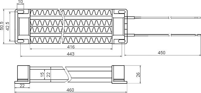 Dimensions of MZFR-I1-2500W-220V PTC heater