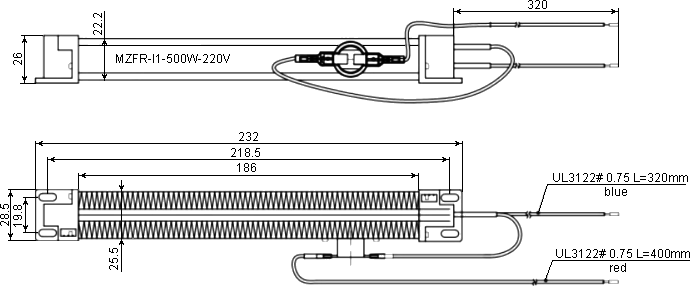 Dimensions of MZFR-I1-500W-220V PTC heater
