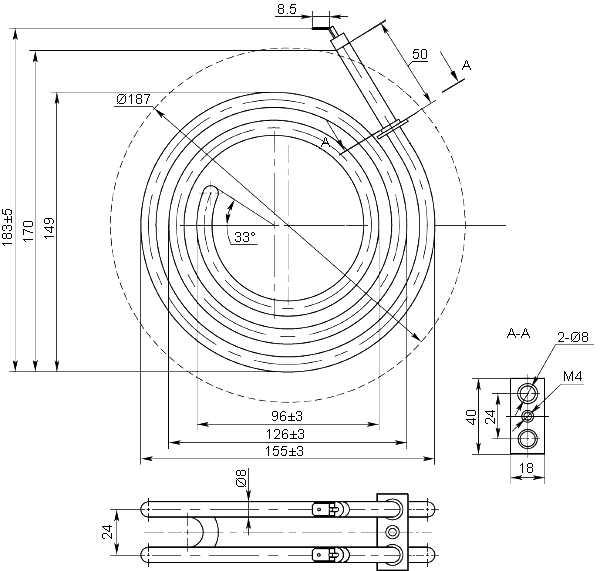 Heating element 211-B-8/2.25 T 230 dimensions