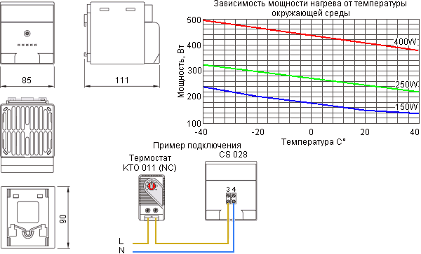 размеры и подключение нагревателя CS 02810.0-00