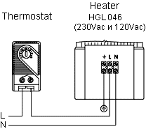 Connection of fan heater HGL 04640.0-00 (230Vdc & 120Vdc) + thermostat