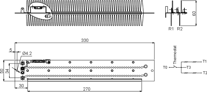 размеры и схема миканитового нагревателя RC 330x50-2x750