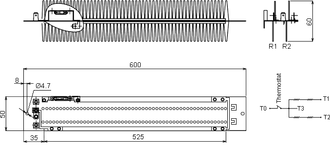 размеры и схема миканитового нагревателя RC 600x50-2x1000