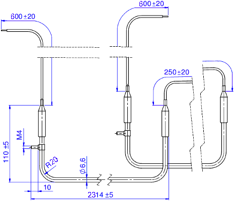 Dimensions tubular heating element 003-1 ODL 220V 1800W