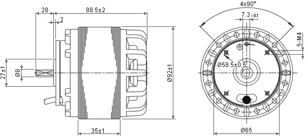 Размеры внешнероторного электродвигателя YWF4E-92/35B-K (R)