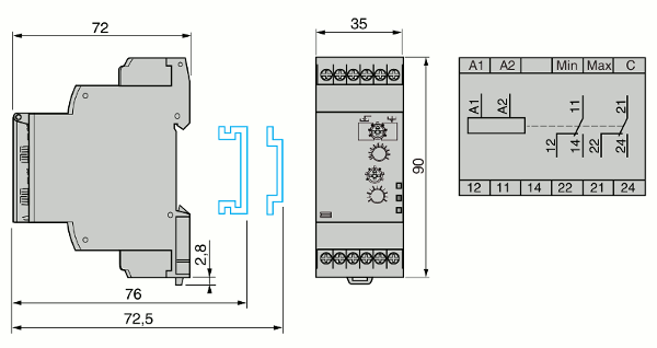 Размеры и схема реле контроля уровня RM35LM33MW