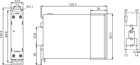 Dimensions and simplified circuit diagram of relays series 77.31