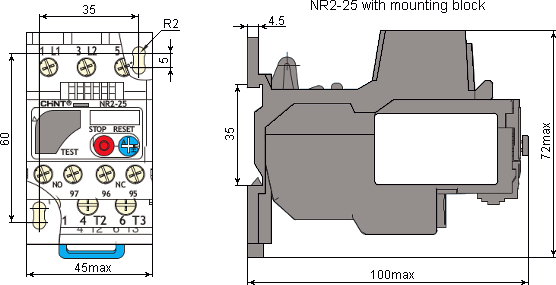 Relay NR2-25 with mounting block dimensions