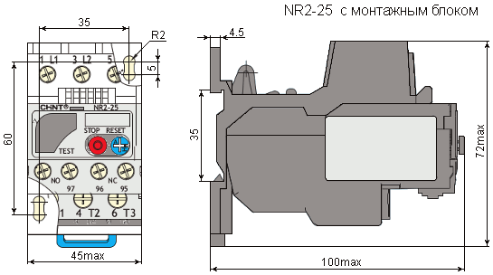 Размеры реле NR2-25 с монтажным блоком