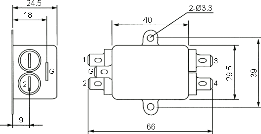 Dimensions of EMI filter CW1B-15A-T