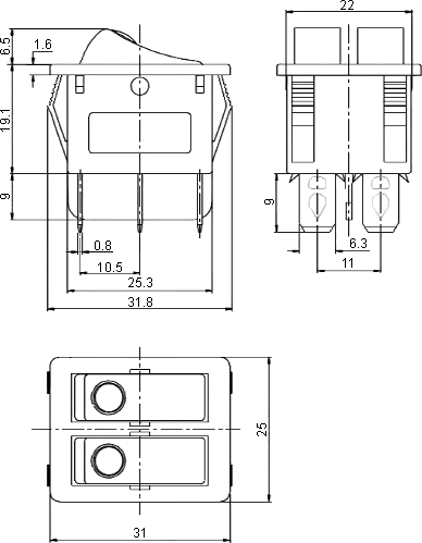 Double pole rocker switch KCD3-606 dimensions
