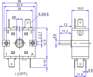 Dimensions of the rotary switch TX1