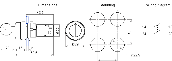Dimensions and wiring diagram of key selector