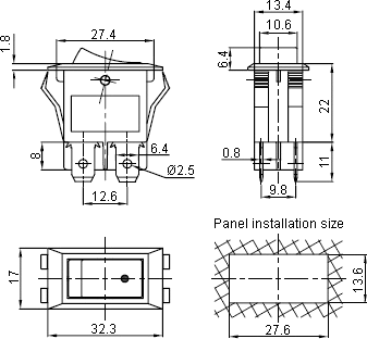Dimensions of the rocker switch YSR-9-21(A)