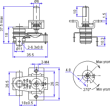 Dimensions of the adjustable thermostat KST228B