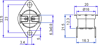 Bimetal thermostat KSD301A B333 NO 50°C 10A 250VAC dimensions