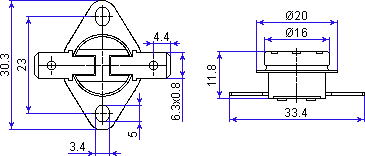 Bimetal thermostat KSD301-5.0/16D15S20-S dimensions