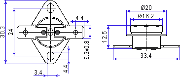 Dimensions of bimetal thermostat KSD301A A314 90°C