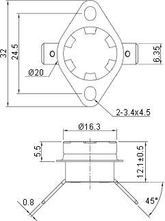 Размеры биметаллического термостата KSD301A A315 NC 50°C
