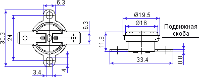 Dimensions of bimetal thermostat KSD301A B334 50°C