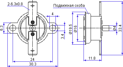 Размеры биметаллического термостата KSD301M090UF1B NC 90°C