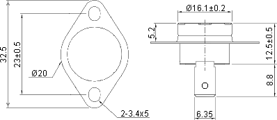 Dimensions of bimetal thermostat KSD301A B313 50°C