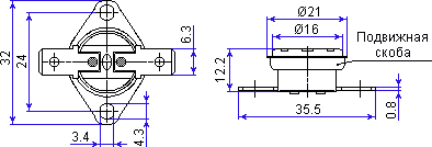 Dimensions of bimetal thermostat KSD301A B334 50°C