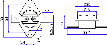 Bimetal thermostat KSD301 45°C NC 10A 250V dimensions