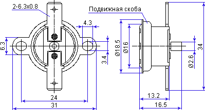 Размеры биметаллического термостата KSD303-90 NC 90°C