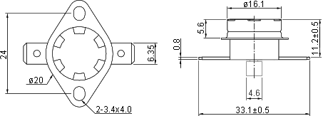 Размеры теплового реле (термостат) KSD301M090BF1B
