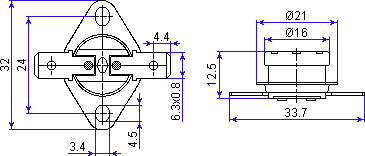 Размеры биметаллического термостата TM22 110A5 16A/250V