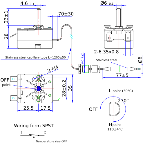 Capillary thermostat WKB-110S1 dimensions