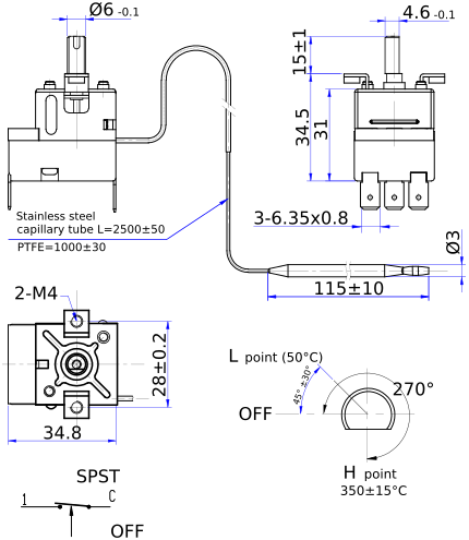 Capillary thermostat WKC-350S1 dimensions