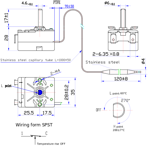 Capillary thermostat WKB-200S1 dimensions