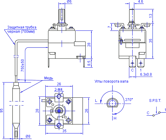 Размеры и схема срабатывания капиллярного термостата WYF40J