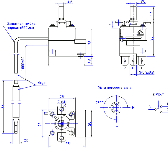 Размеры и схема срабатывания капиллярного термостата WYF85Z