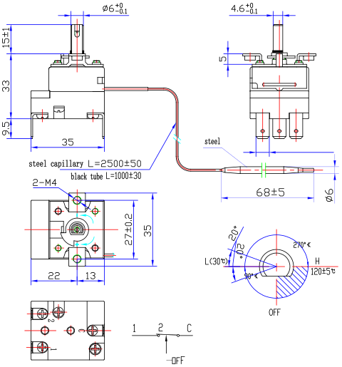 Thermostat dimensions of WZA-120E