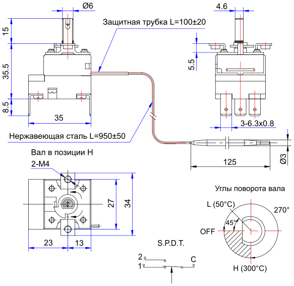 Dimensions of WZA-300E thermostat