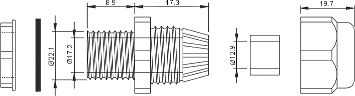Dimensions of cable gland PG-16 Black IP68