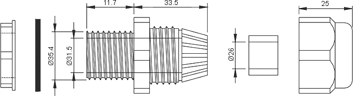 Dimensions of cable gland PG-29 IP68